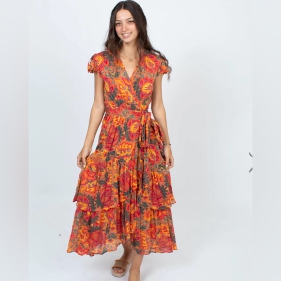 Banjanan Mercy Wrap Dress Floral Cotton Ruffle M Prairie Meadow Sweet Caramel - Picture 1 of 14